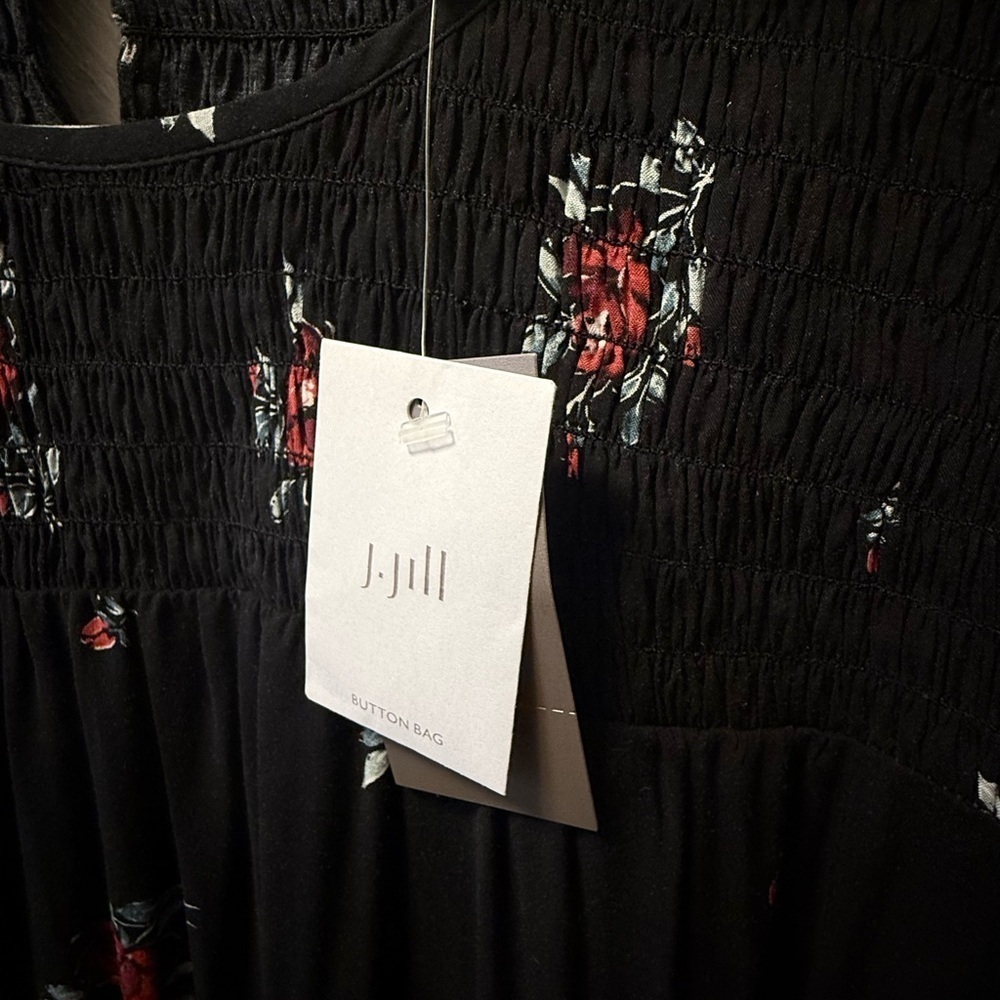 NWT J Jill Black Floral Peasant Blouse Boho Smocked Top Rayon M - Picture 3 of 5